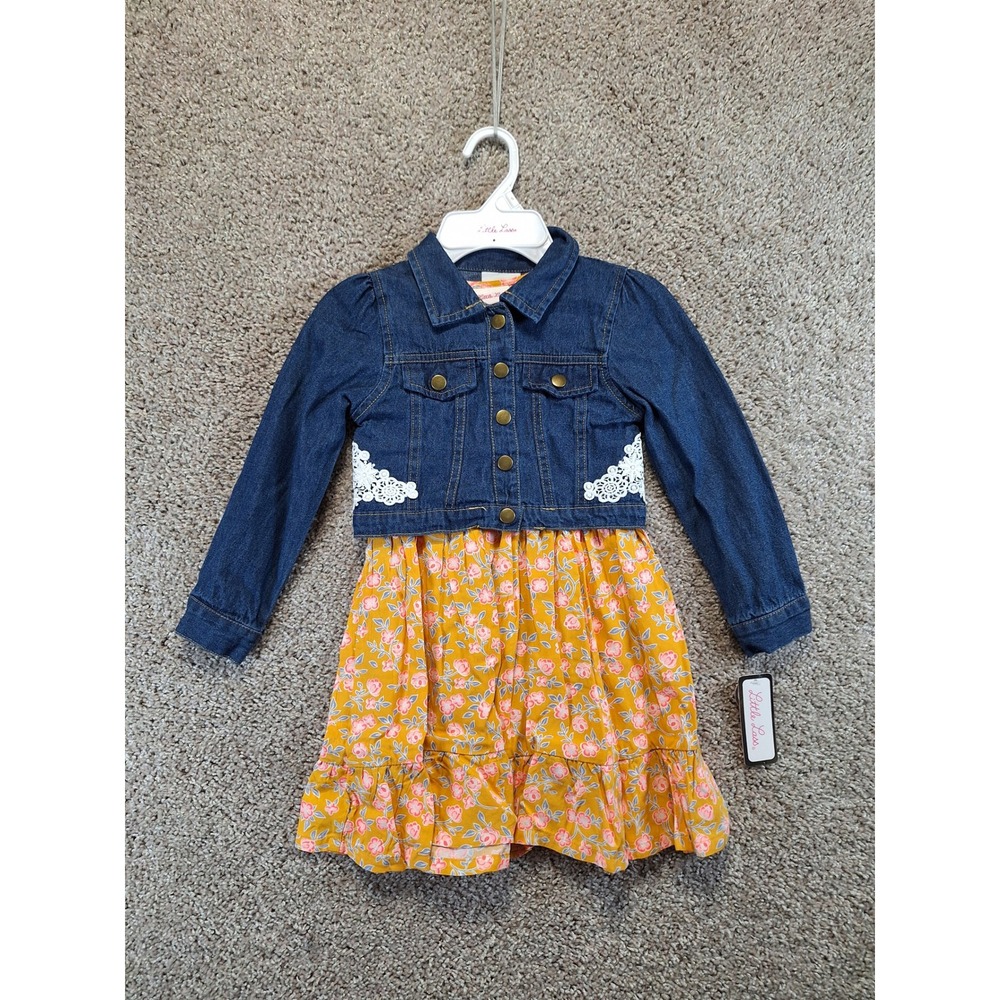 Little Lass Dress Set Girls 5 Multicolor Floral Lace Denim Jacket 2 Piece Boho
